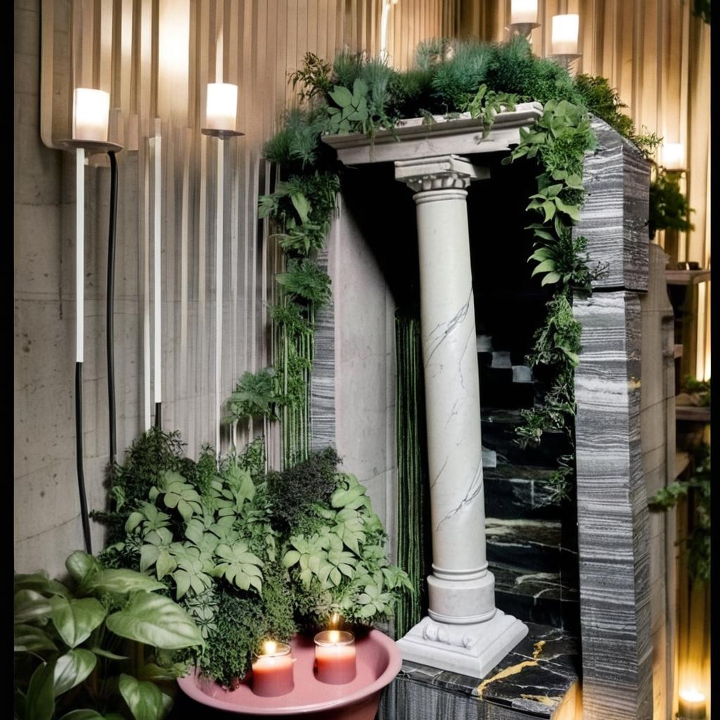 New plant room with moss and candles next to a marble fountain