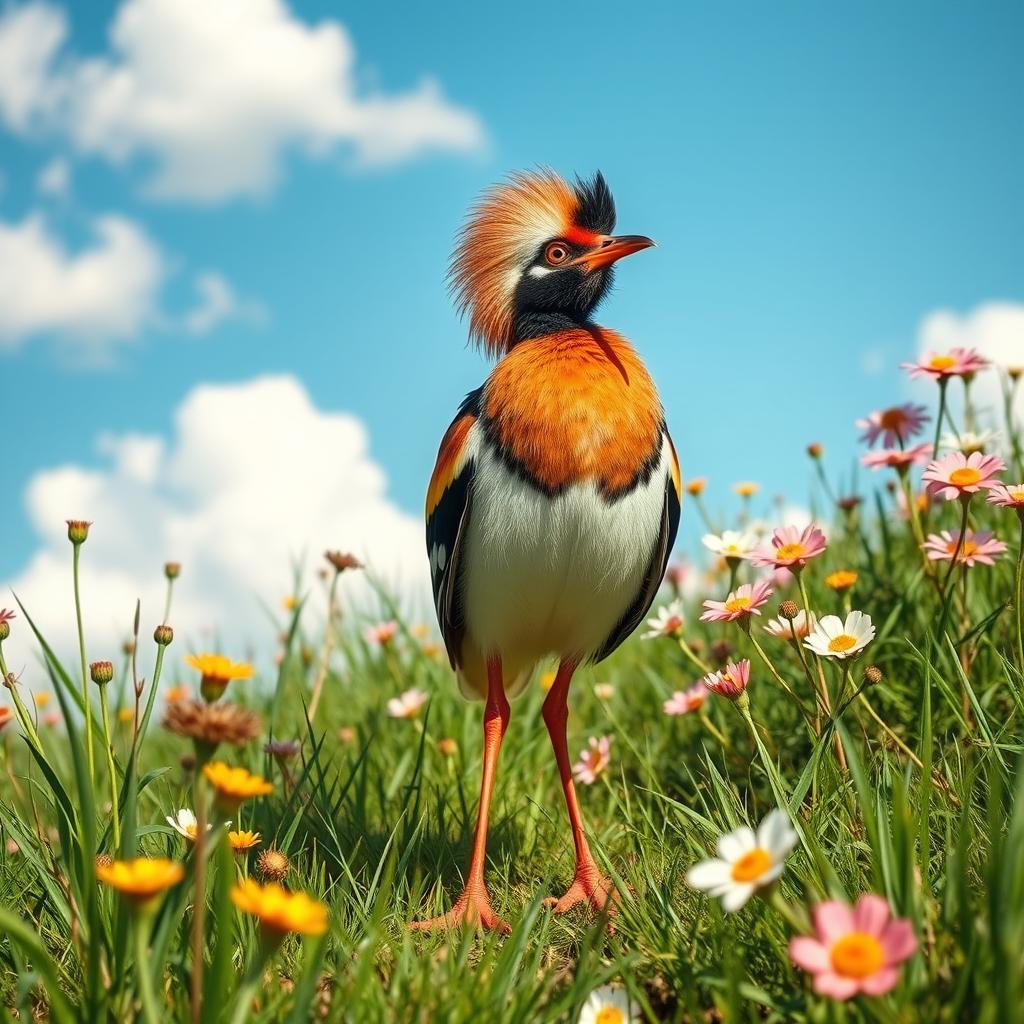A vibrant and lively scene of a Nandu bird, standing gracefully in its natural habitat, surrounded by lush green grass and blooming wildflowers