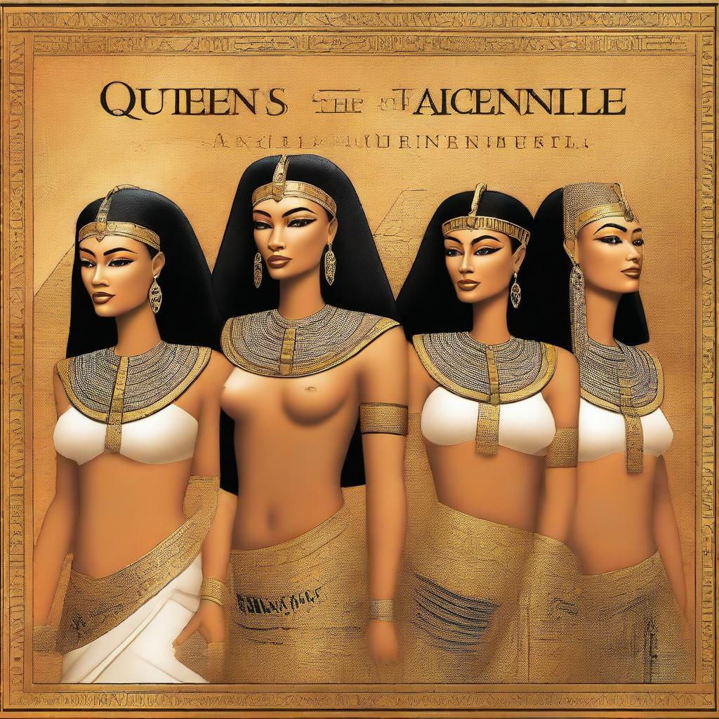 A high-quality digital art image of a book cover titled 'Queens of the Nile: Tales of Ancient Egypt's Most Influential Women'