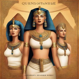 A high-quality digital art image of a book cover titled 'Queens of the Nile: Tales of Ancient Egypt's Most Influential Women'