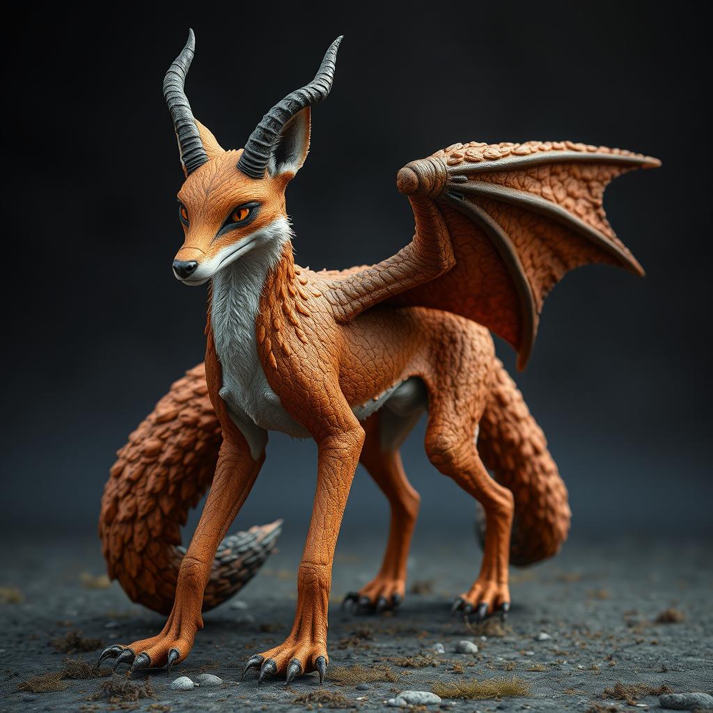 A stunning and intimidating fox with a slender, elongated body covered in a rough reddish-orange coat that mimics the texture of stone