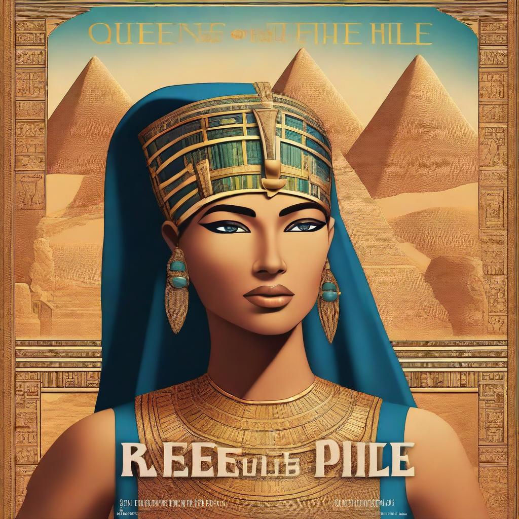 A high-quality digital art image of a book cover titled 'Queens of the Nile: Tales of Ancient Egypt's Most Influential Women'