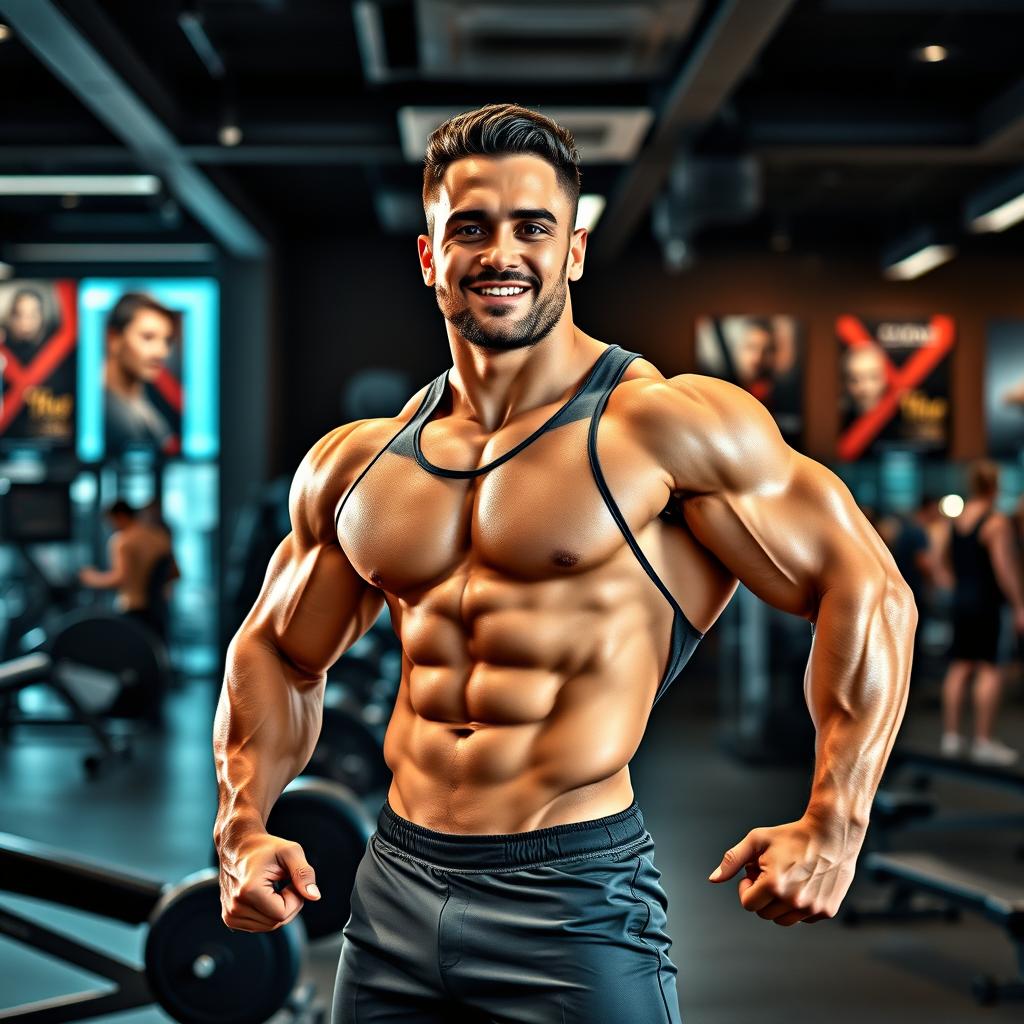 A muscular bodybuilder influencer posing confidently at a luxurious gym, showcasing impressive biceps and a sculpted physique