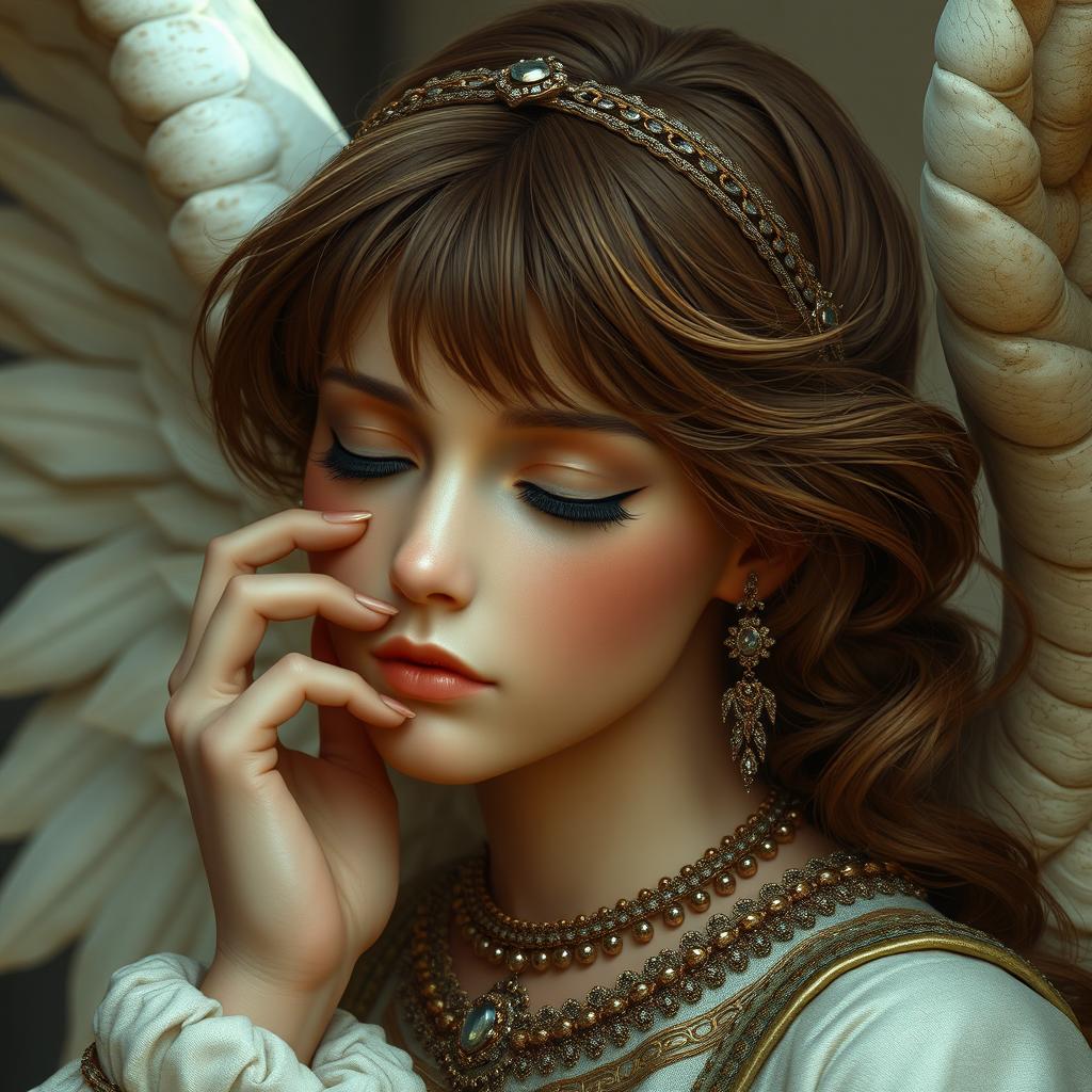 A medieval-style angel adorned with a modest amount of jewelry, eyes closed in a serene expression