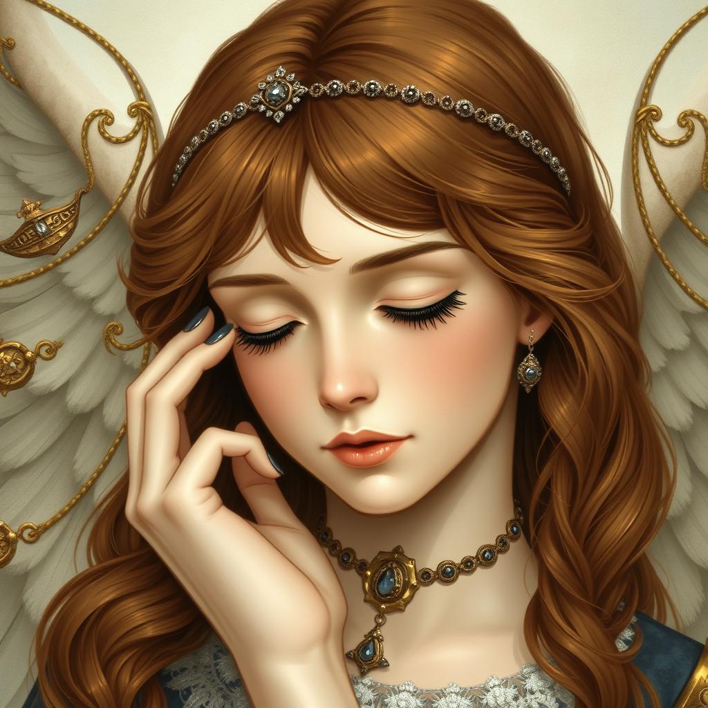 A medieval-style angel adorned with a subtle amount of jewelry, eyes closed in a serene expression