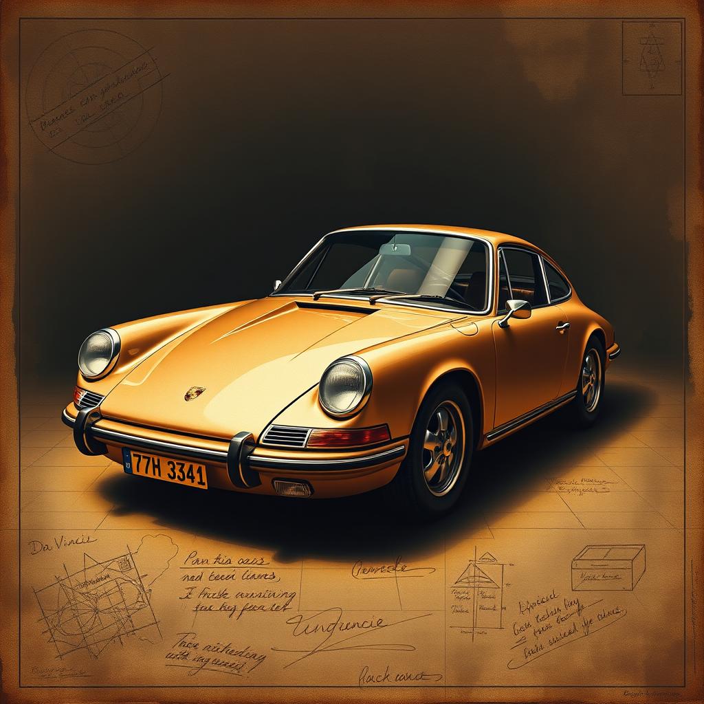 A classic Porsche 911 depicted in the style of Leonardo Da Vinci, showcasing intricate details and craftsmanship