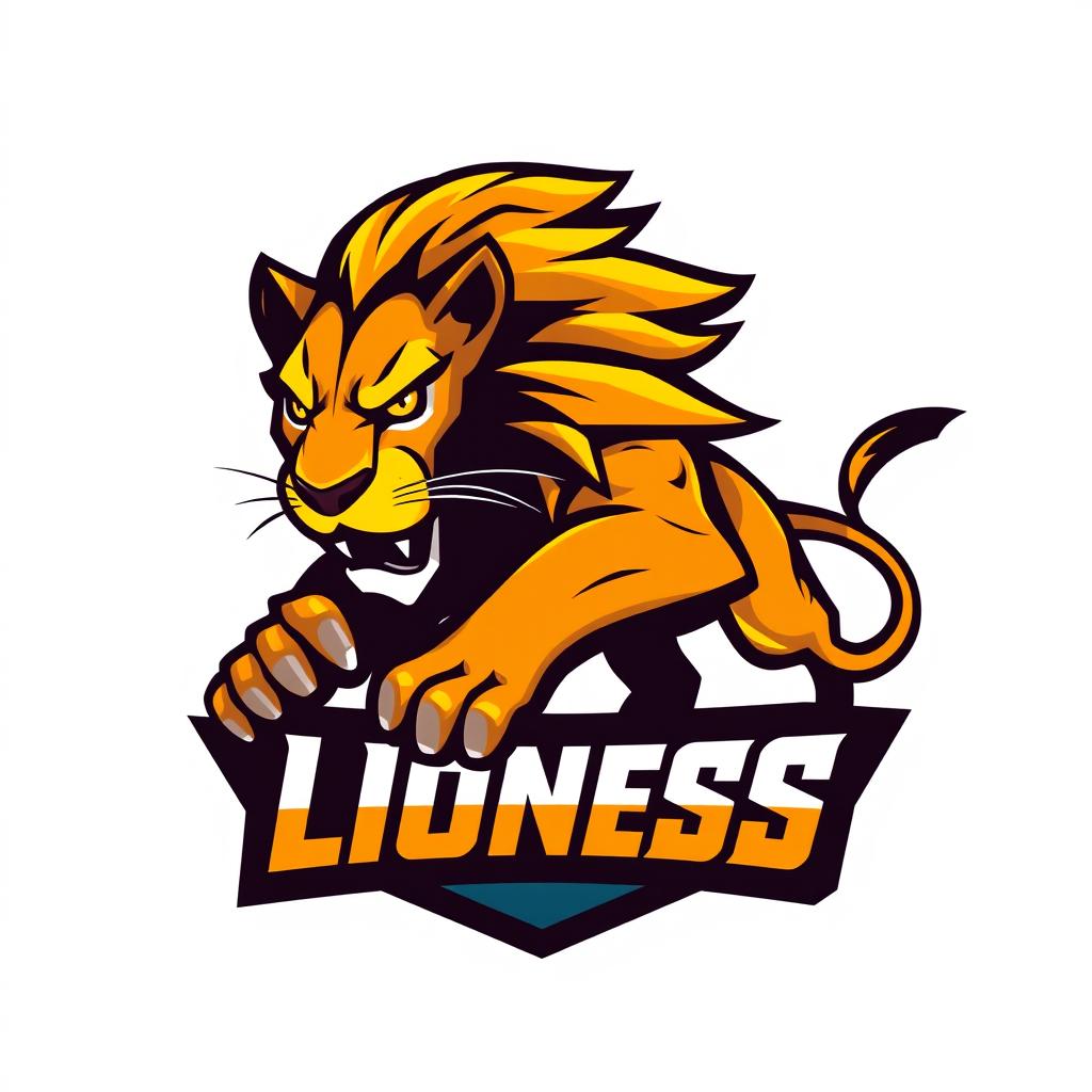 A dynamic and fierce lioness logo designed for a gaming brand, featuring a stylized lioness in an aggressive pose that conveys strength and agility