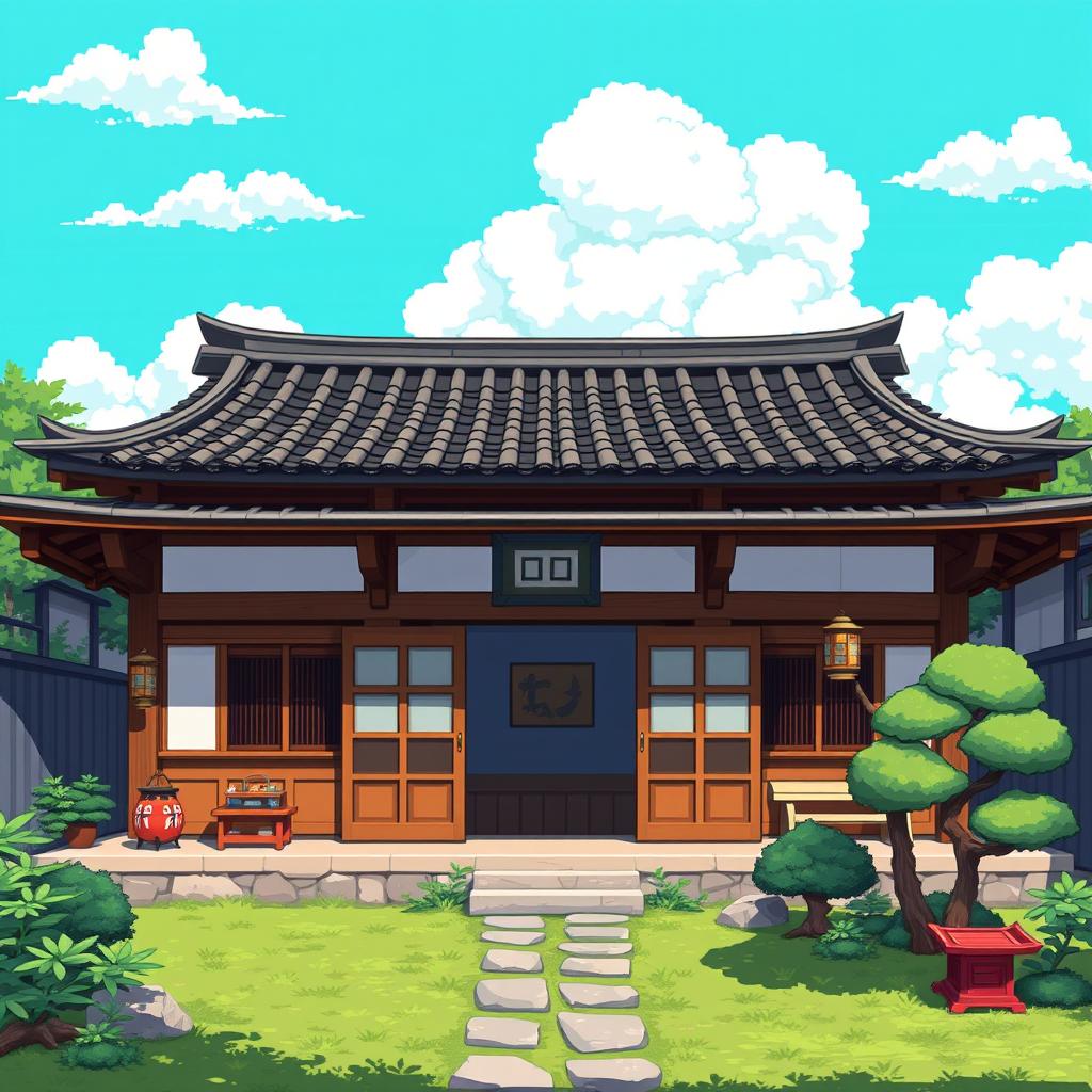 A detailed pixel art representation of a Sukiya style house, showcasing traditional Japanese architecture with wooden beams, ornate sliding doors, and a thatched roof