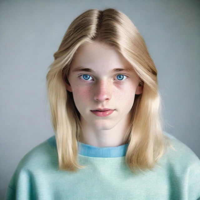 A 15-year-old boy with long blonde hair, blue eyes, and fair skin, dressed in a pale blue sweatshirt and pale green baggy trousers, displaying a serious expression