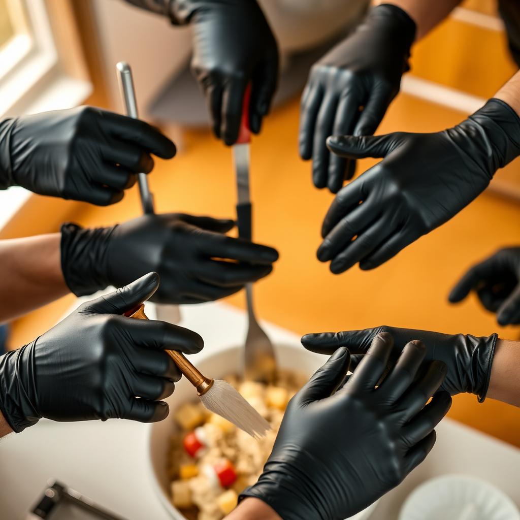 A close-up shot of a diverse group of hands wearing black nitrile gloves, showcasing a variety of skin tones and hand sizes