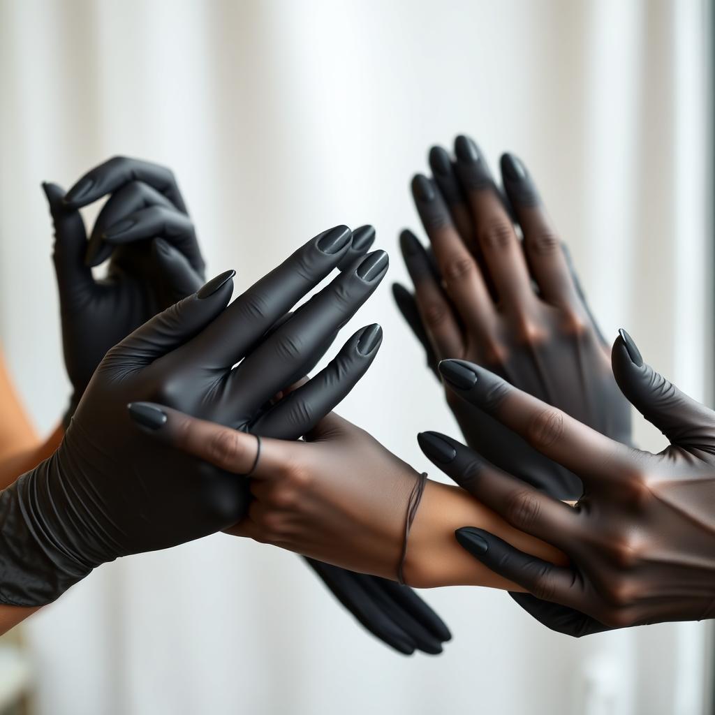 A close-up image of elegant women's hands wearing black nitrile gloves