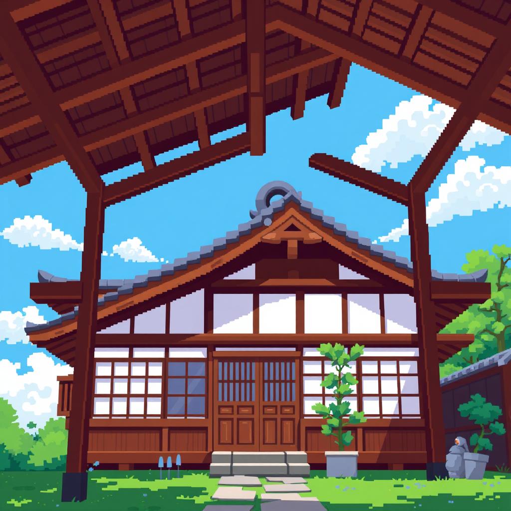 Pixel art depicting an obscure Sukiya house from an upside view, showcasing its distinctive architectural features such as the traditional wooden beams, unique gabled roof, and intricate details of the shoji screens