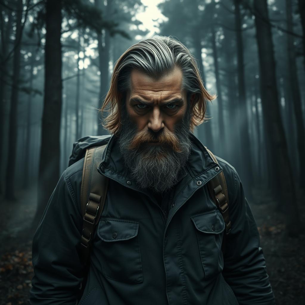 A hyper-realistic image of an angry white man with medium length hair and a thick beard, standing in a dense forest