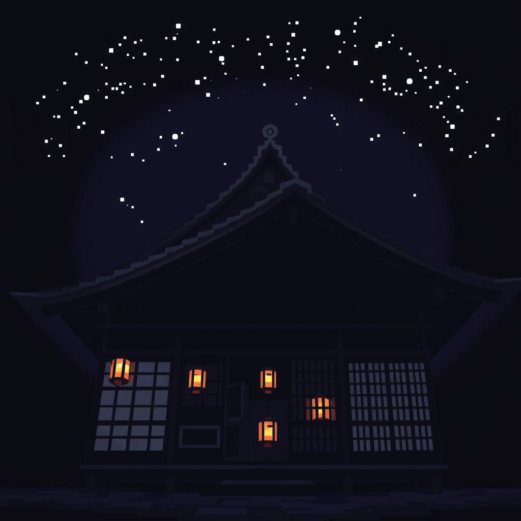 Pixel art depicting a dark Sukiya house from an upside view, emphasizing its shadowy and mysterious atmosphere
