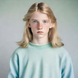 A 15-year-old boy with long blonde hair, blue eyes, and fair skin, dressed in a pale blue sweatshirt and pale green baggy trousers, displaying a serious expression