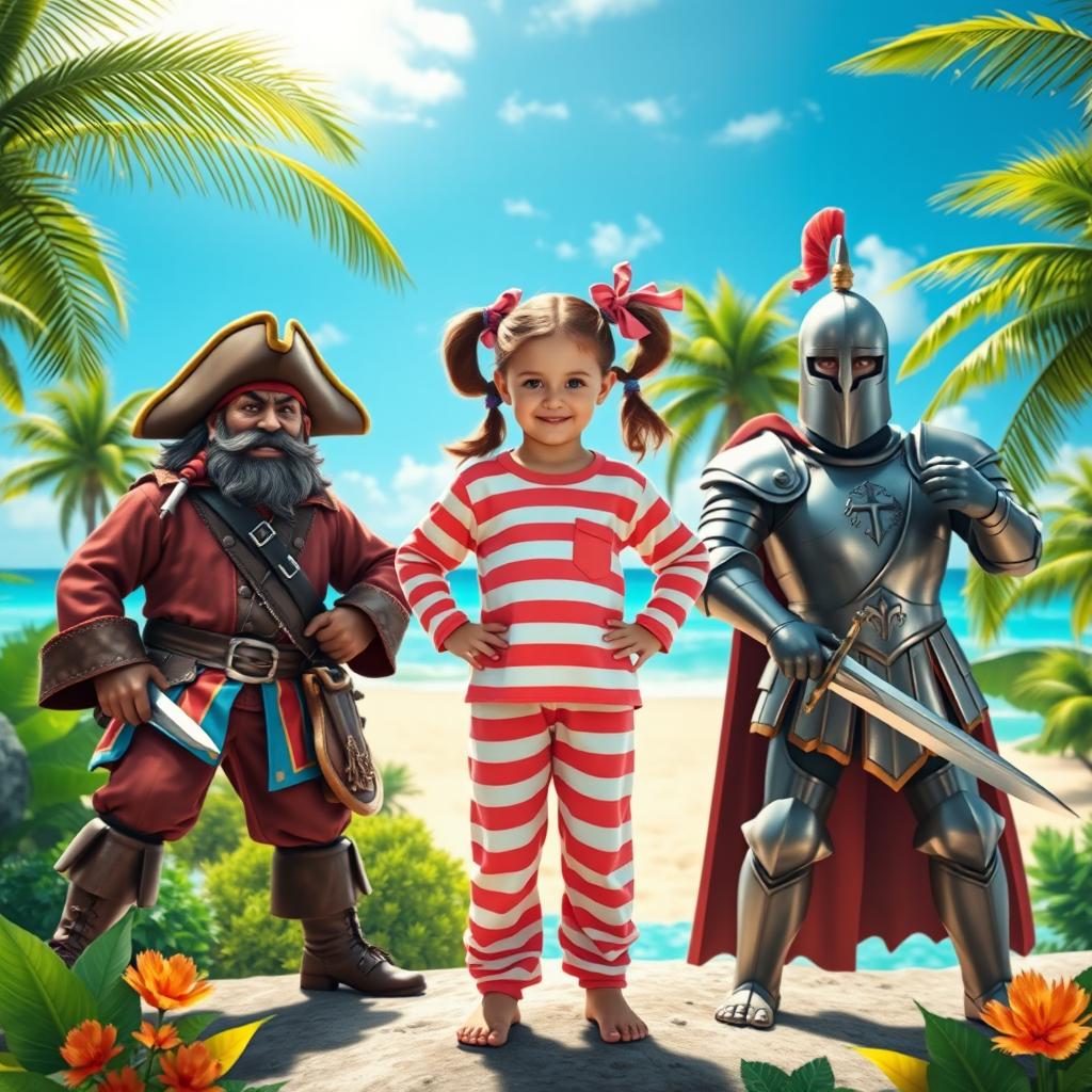 A hyper realistic scene depicting a young girl with pigtails, dressed in colorful pink and orange striped pajamas, standing confidently between a fierce pirate, adorned with his signature attire and accessories, and a brave knight in shining armor, wielding his sword