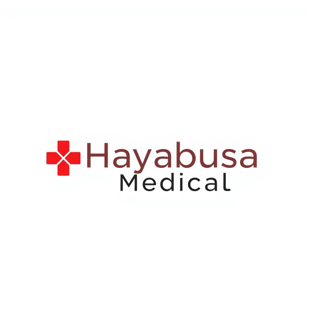 A visually striking logo design for 'Hayabusa Medical,' featuring a prominent red medical symbol set against a clean white background