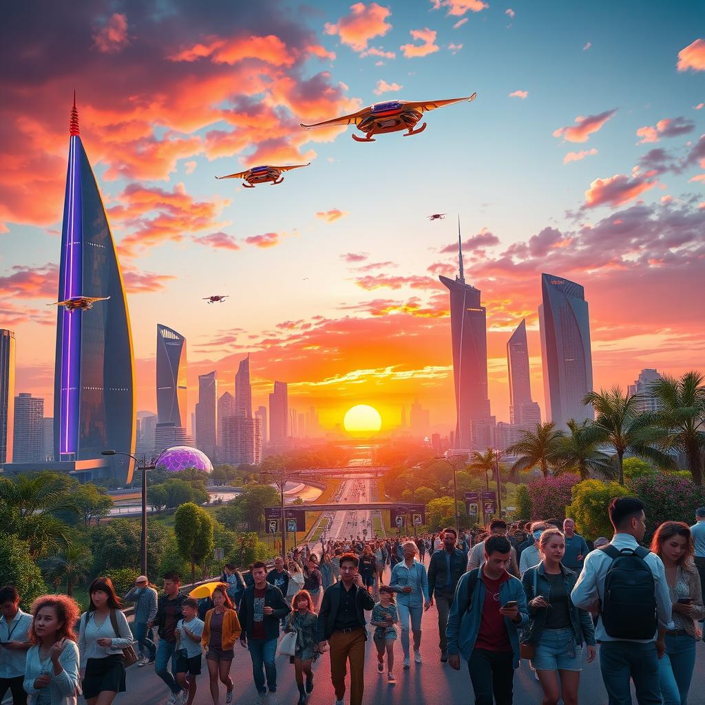 A digital artwork showcasing a futuristic cityscape at sunset, with sleek skyscrapers adorned with neon lights, flying cars zooming through the air, and lush green parks interspersed between the buildings