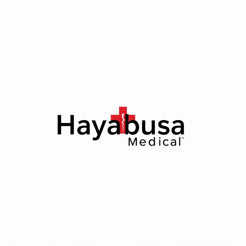 A logo design for 'Hayabusa Medical' on a white background, featuring a bold red medical symbol as a central element