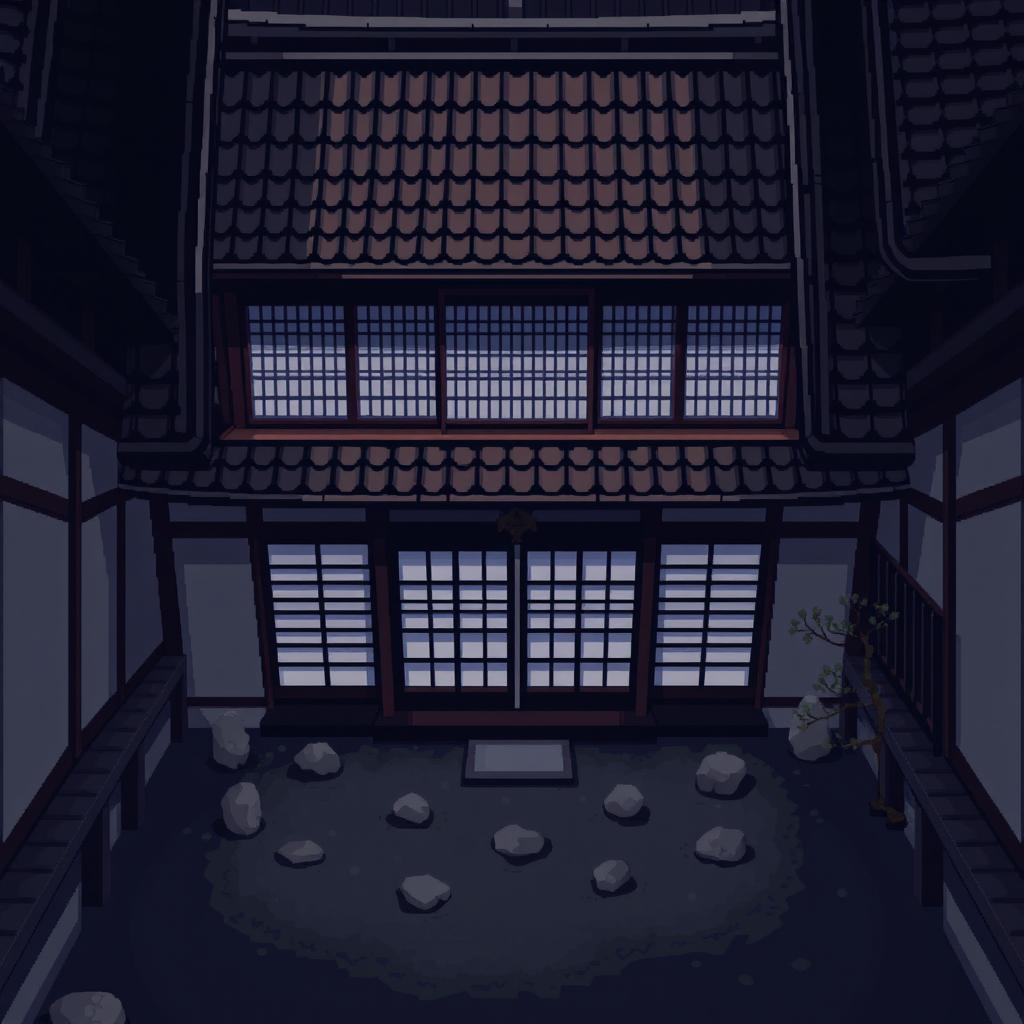 A pixel art depiction of a dark sukiya-style house from an upside view