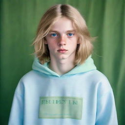 A 15-year-old boy with long blonde hair, blue eyes, and fair skin, dressed in a pale blue sweatshirt and pale green baggy trousers, displaying a serious expression