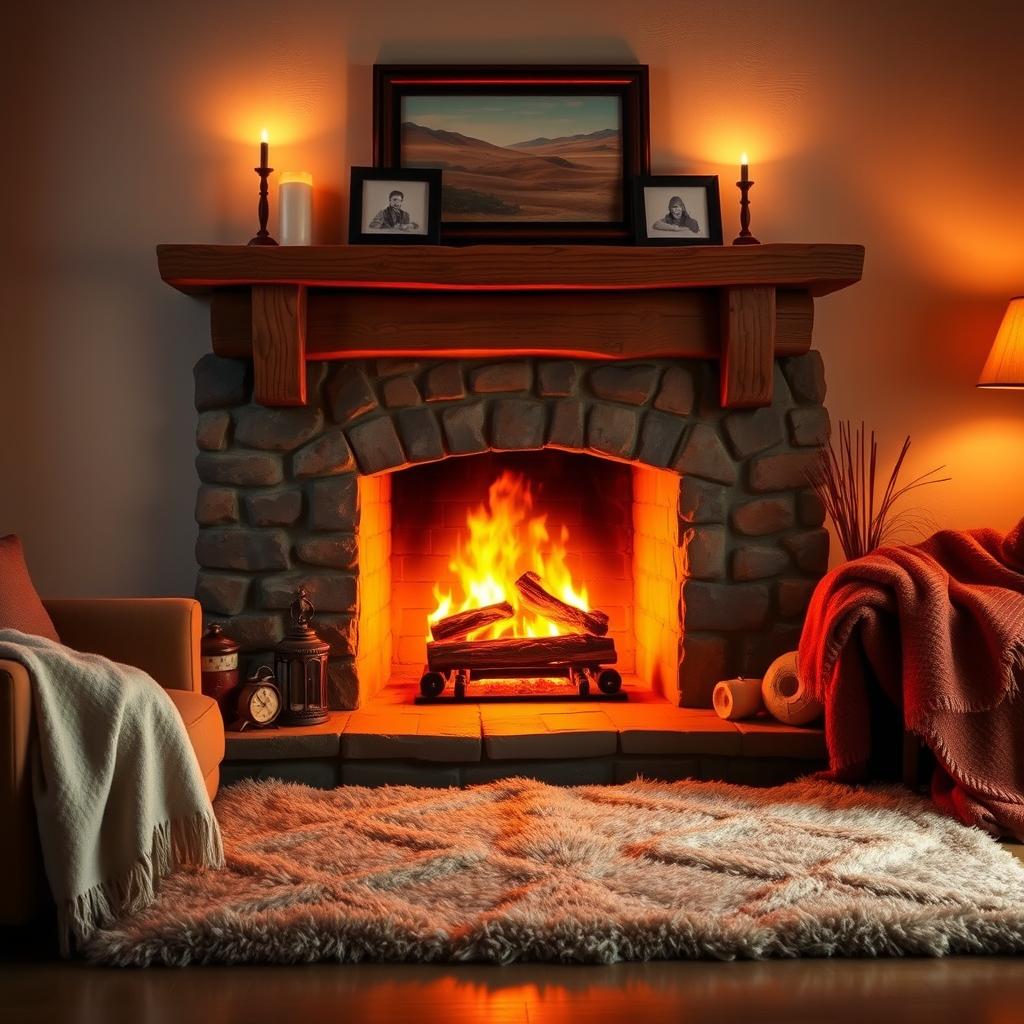 A cozy and inviting scene featuring a realistic fireplace with dancing flames, surrounded by a rustic wooden mantel adorned with decorative items, such as candles and family photos