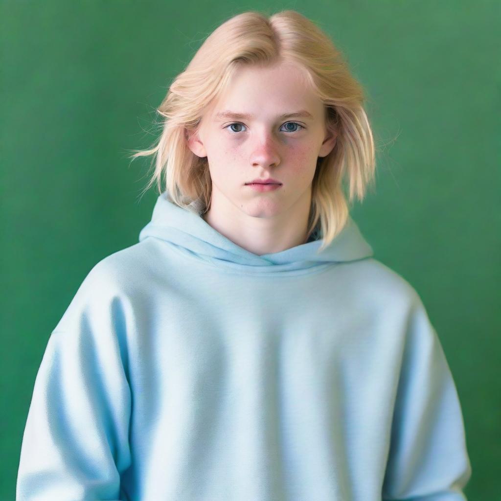 A 15-year-old boy with long blonde hair, blue eyes, and fair skin, dressed in a pale blue sweatshirt and pale green baggy trousers, displaying a serious expression