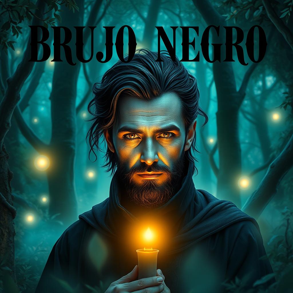 A mystical scene featuring a sorcerer, known as BRUJO NEGRO, standing in a dense, enchanted forest