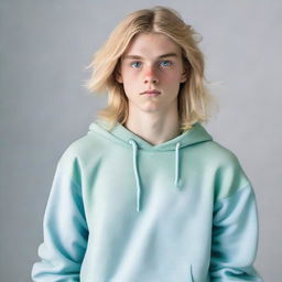 A striking 17-year-old boy with a masculine face, long blonde hair, blue eyes, well-built physique, and fair skin, wearing a light blue sweatshirt and pale green baggy trousers, maintaining a serious expression