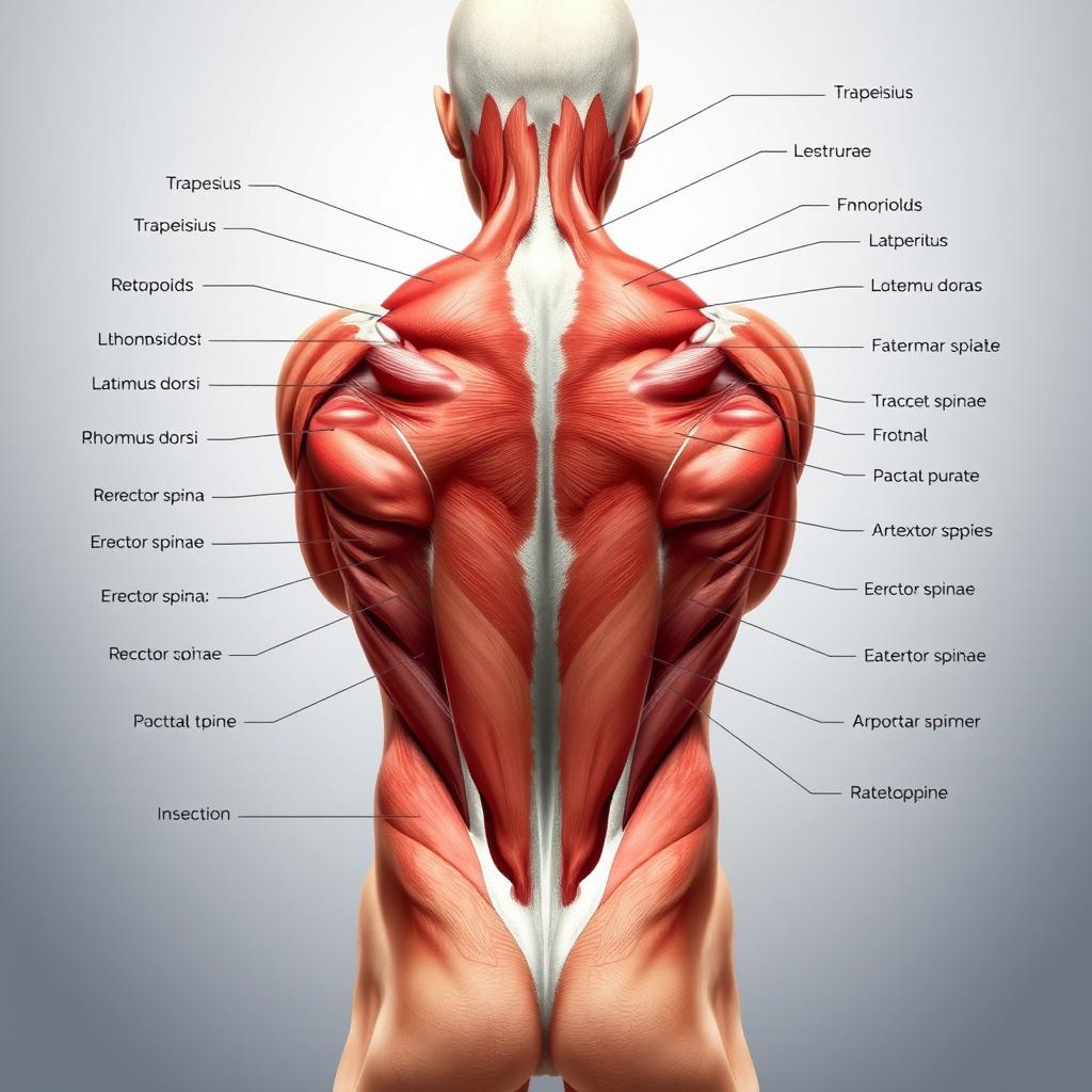 A highly detailed anatomical illustration of the human back, showcasing all major muscles clearly labeled, such as the trapezius, latissimus dorsi, rhomboids, erector spinae, and others