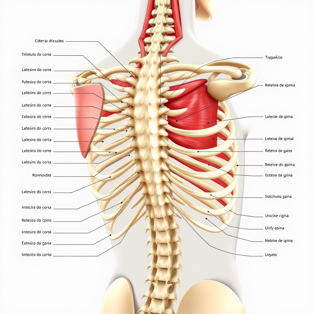 Uma ilustração anatômica altamente detalhada das costas humanas, exibindo todos os principais músculos claramente rotulados em português, como trapézio, latíssimo do dorso, romboides, eretores da espinha, entre outros