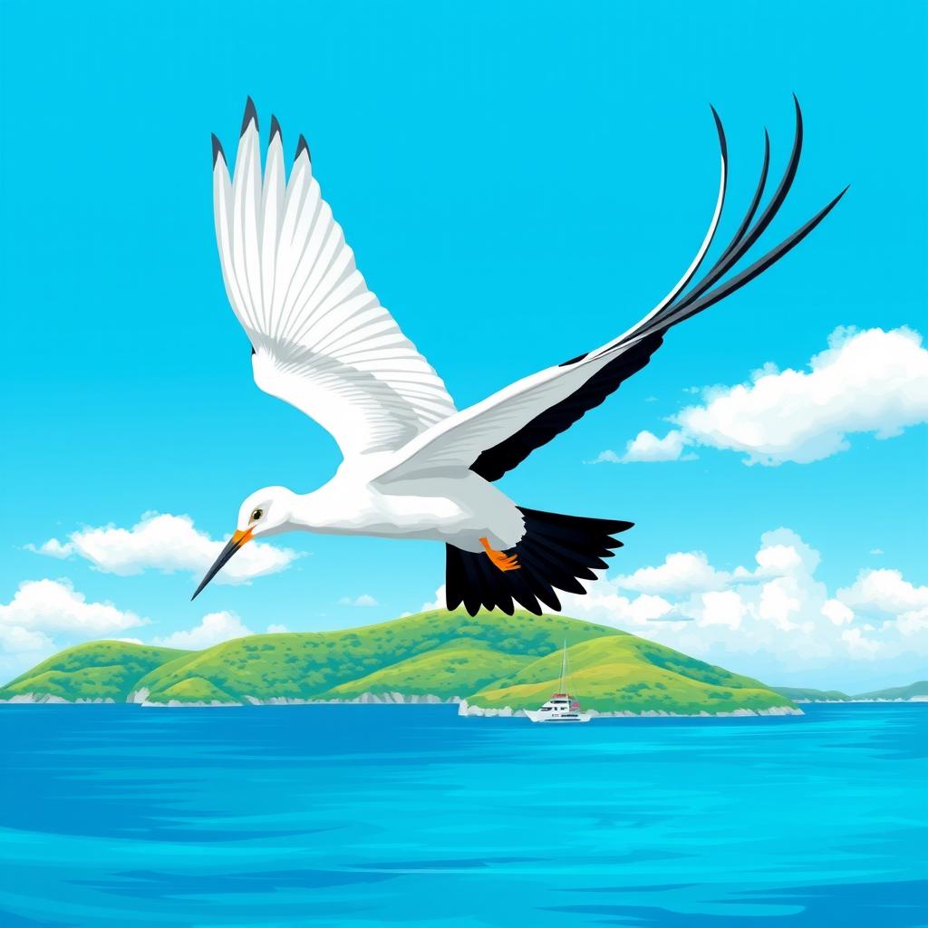 A vibrant and colorful illustration of a Bermuda longtail bird gracefully soaring through a clear blue sky