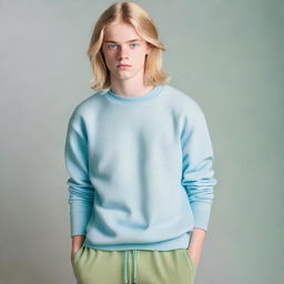 A striking 17-year-old boy with a masculine face, long blonde hair, blue eyes, well-built physique, and fair skin, wearing a light blue sweatshirt and pale green baggy trousers, maintaining a serious expression