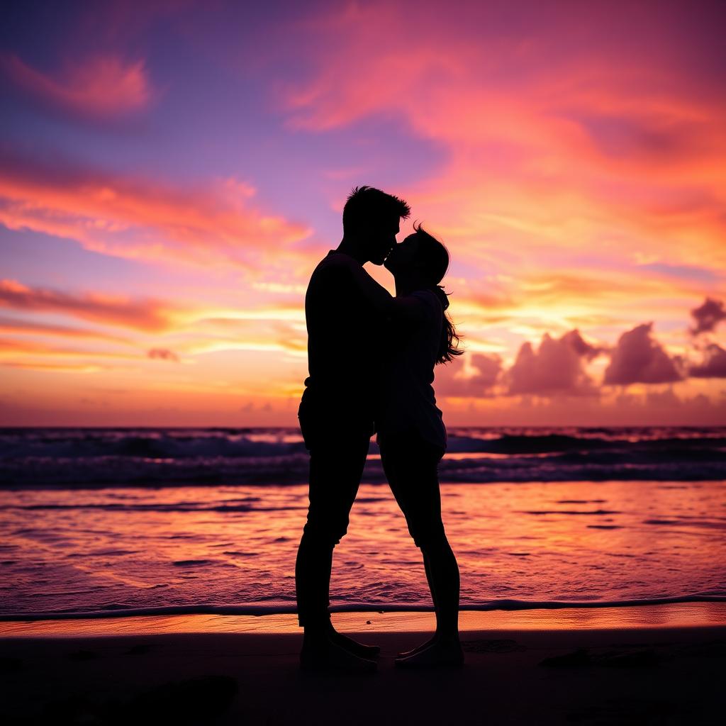 A romantic scene depicting two people kissing passionately at sunset on a beach