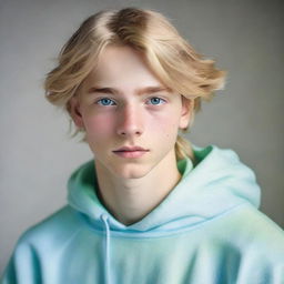 A striking 17-year-old boy with a masculine face, long blonde hair, blue eyes, well-built physique, and fair skin, wearing a light blue sweatshirt and pale green baggy trousers, maintaining a serious expression