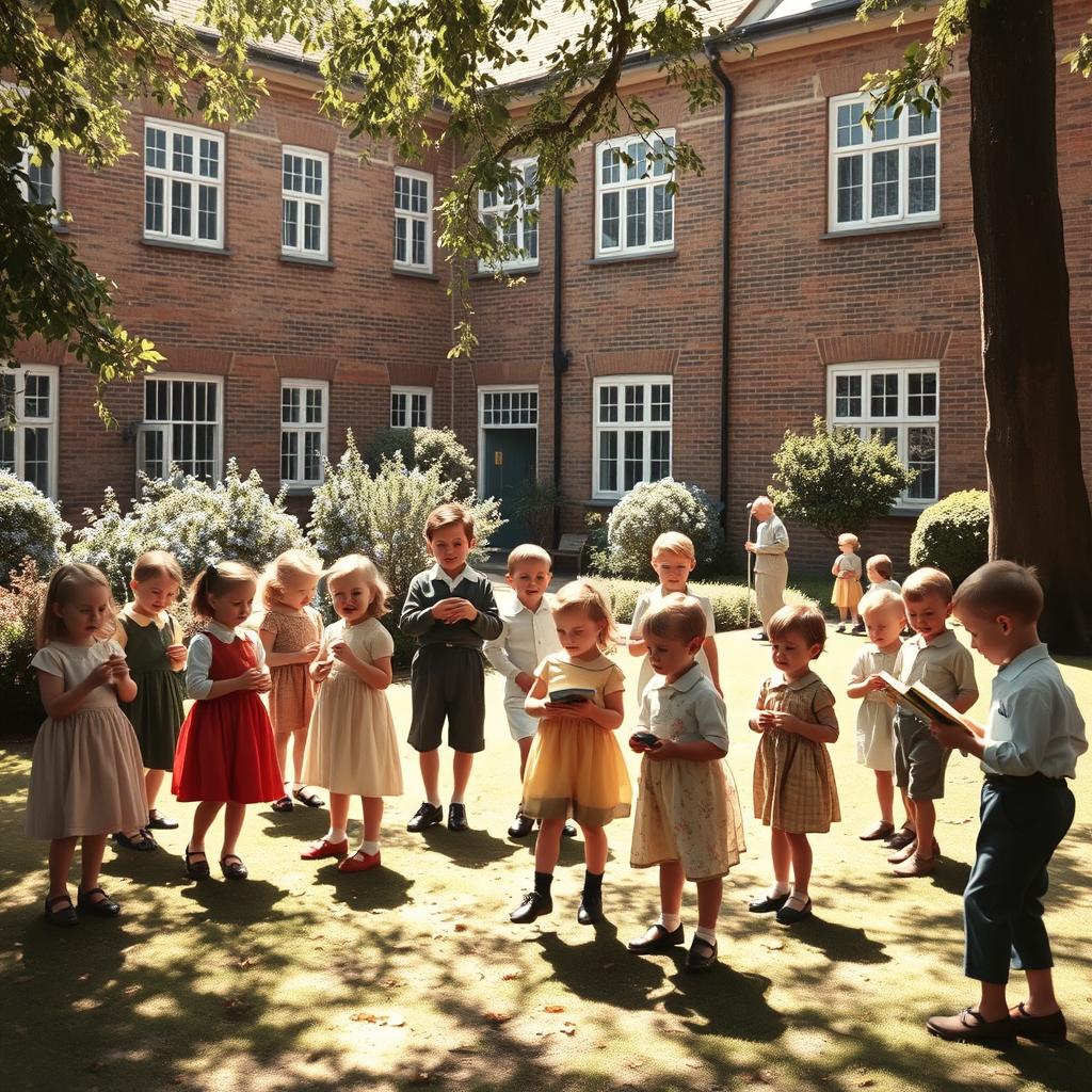 A nostalgic scene depicting a group of children playing in an orphanage in England during the 1950s