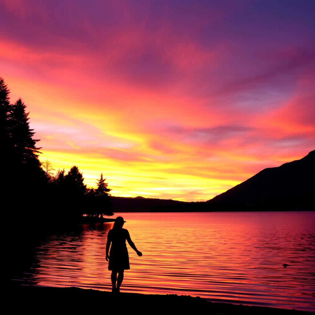 A picturesque view of a vibrant sunset over a serene lake, with colorful reflections on the water