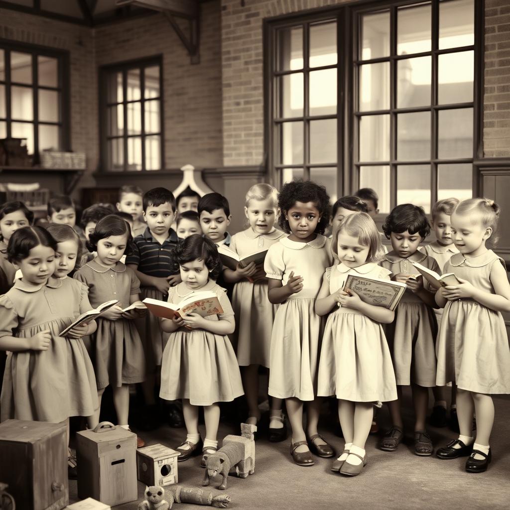 A historical scene depicting a group of children in an orphanage in England in the 1950s