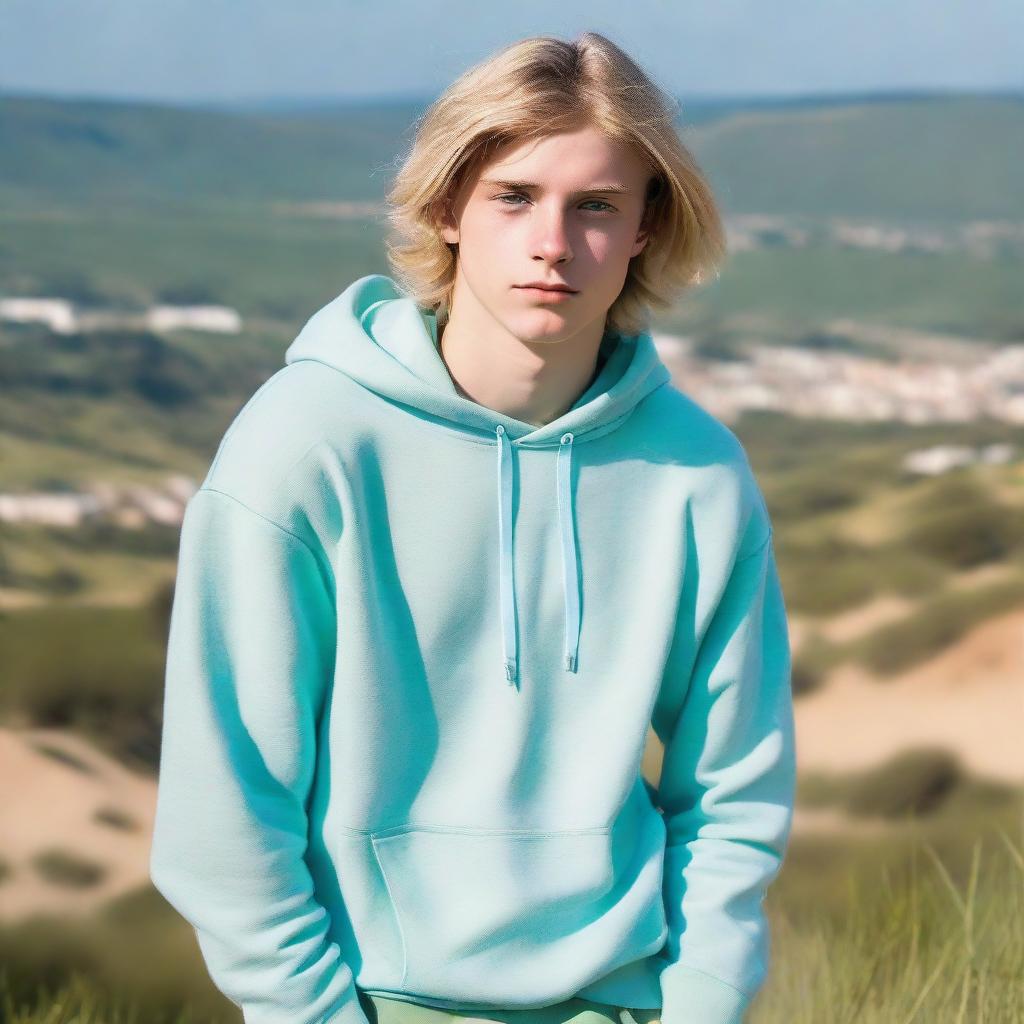 A striking 17-year-old boy with a masculine face, long blonde hair, blue eyes, well-built physique, and fair skin, wearing a light blue sweatshirt and pale green baggy trousers, maintaining a serious expression