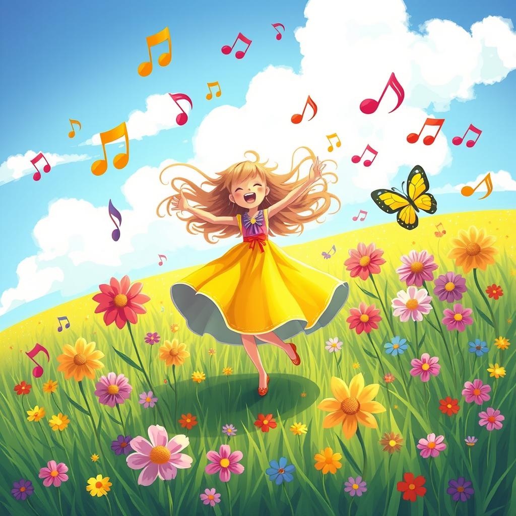A whimsical scene with playful musical notes dancing in the air, vibrant colors swirling around, depicting a joyful and carefree atmosphere