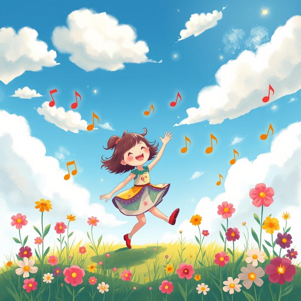 A whimsical illustration capturing a joyous and carefree atmosphere, with vibrant colors and playful details