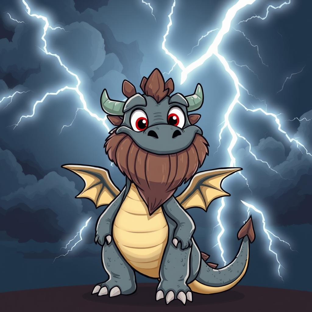 A cartoon-style grey bearded dragon, designed with exaggerated features and a playful expression, stands in front of dramatic lighting storm clouds