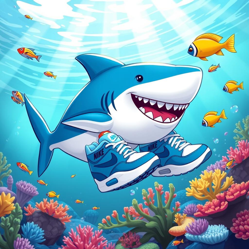 A playful and surreal illustration of a cartoon shark wearing three distinct blue Nike shoes, each showcasing the brand's logo and sporty design