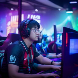 A focused man in an esports tournament setting, intensely playing Mobile Legends, occasionally looking up to glance at a camera.