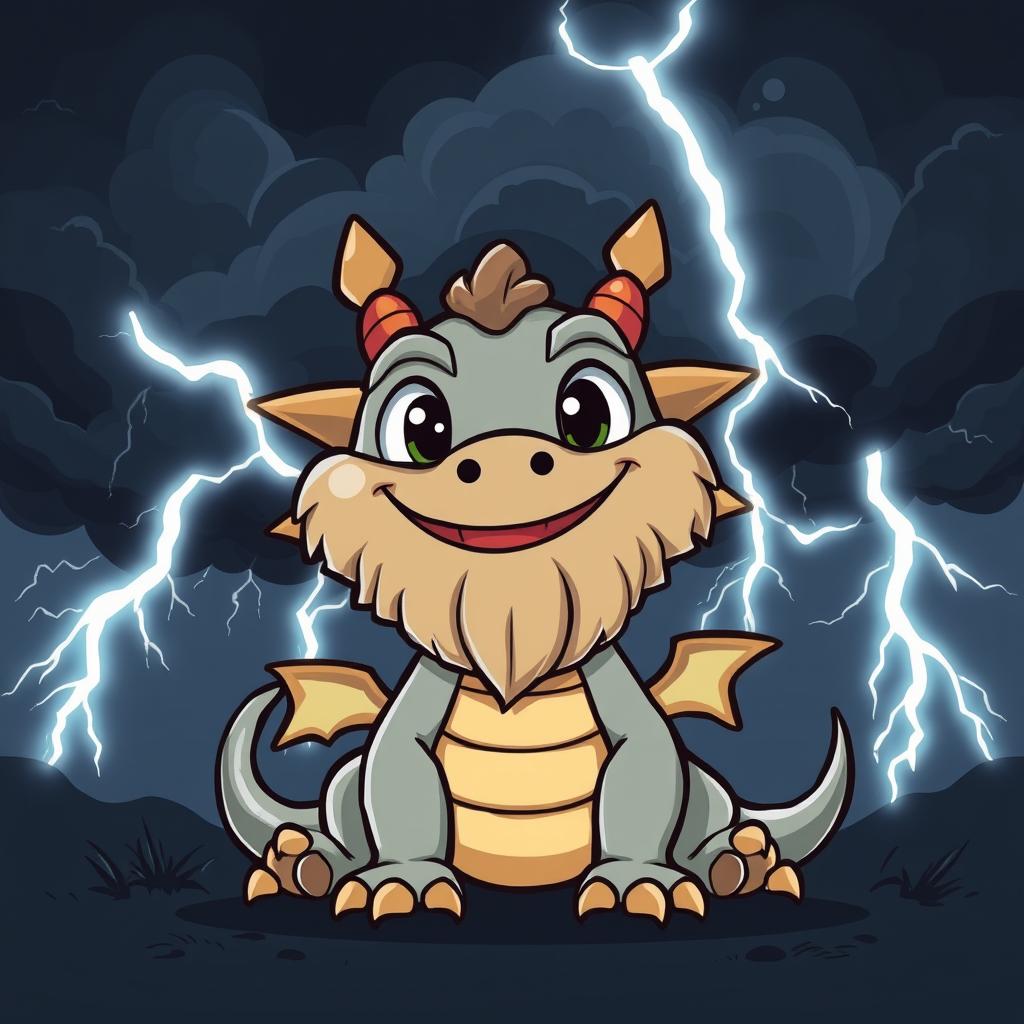 A cartoon-style grey bearded dragon character, vibrant and expressive, situated in the center of a dramatic scene featuring dark storm clouds illuminated by bolts of lightning