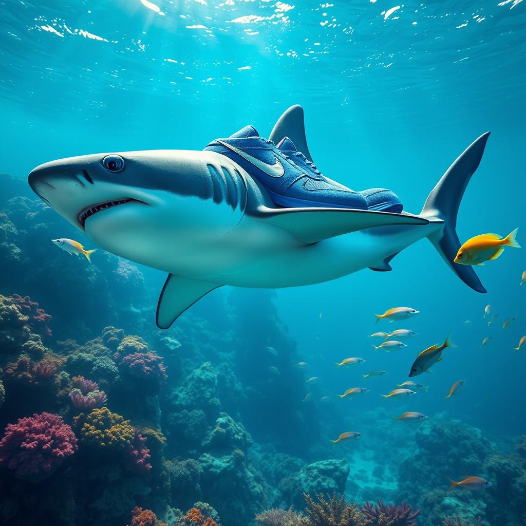 A realistic depiction of a majestic shark swimming through a vibrant underwater scene, wearing three blue Nike shoes