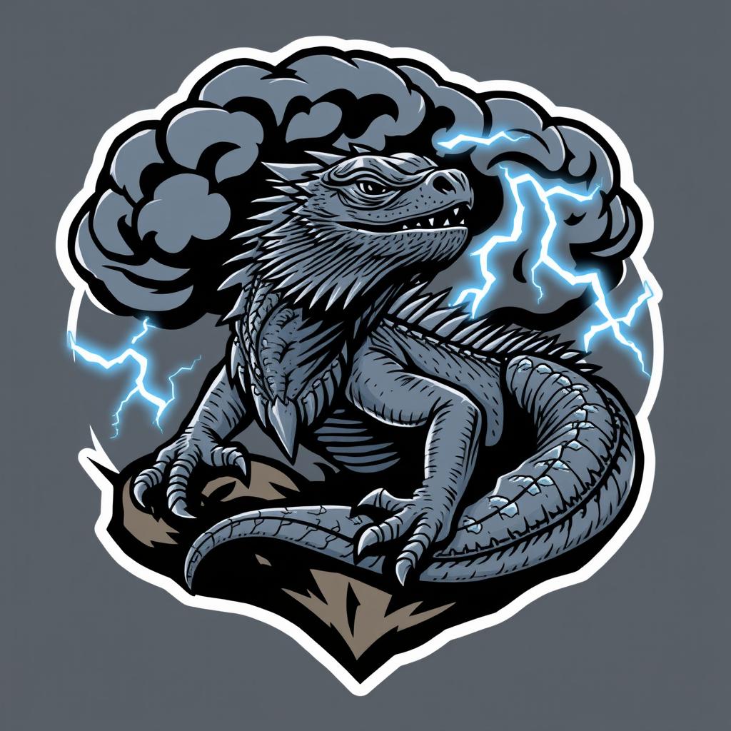 A stylized logo featuring a grey bearded dragon, depicted with intricate details, surrounded by dynamic storm clouds illuminated by bolts of lightning