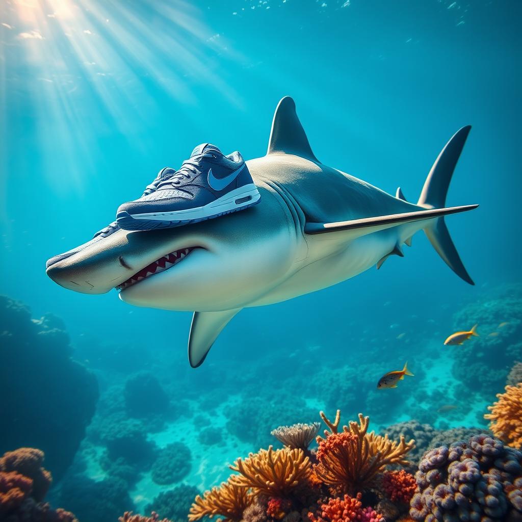 A hyper-realistic image of a fierce shark swimming gracefully through the ocean, sporting three blue Nike shoes