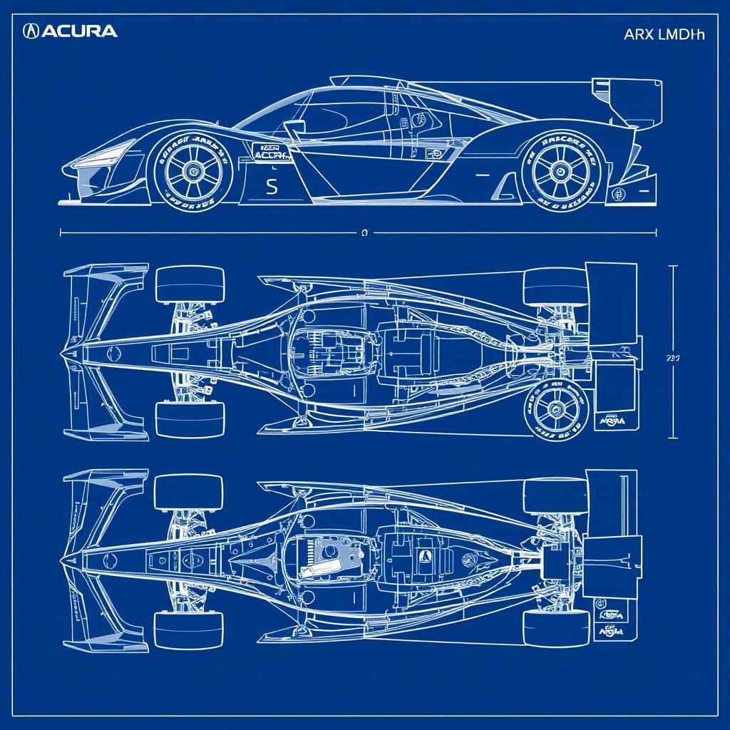 A highly detailed and precise blueprint of the Acura ARX 06 LMDh racing car, showcasing various angles and components including the front, side, and rear views