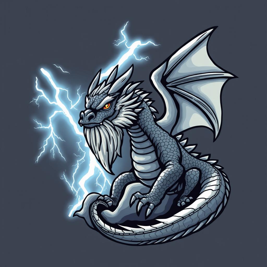 A stylized logo featuring a grey bearded dragon illustrated with intricate detail, set against a dramatic backdrop of lighting storm clouds